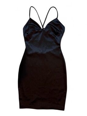 Black Satin Mini Dress With Open Back & Criss Cross Straps Design